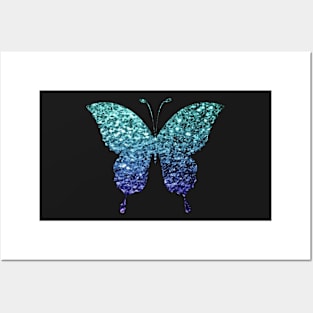 Teal and Blue Ombre Faux Glitter Butterfly Posters and Art